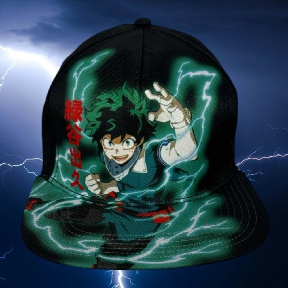 My Hero Academia Deku Lightning Black Green Snapback Hat Cap OSFA
